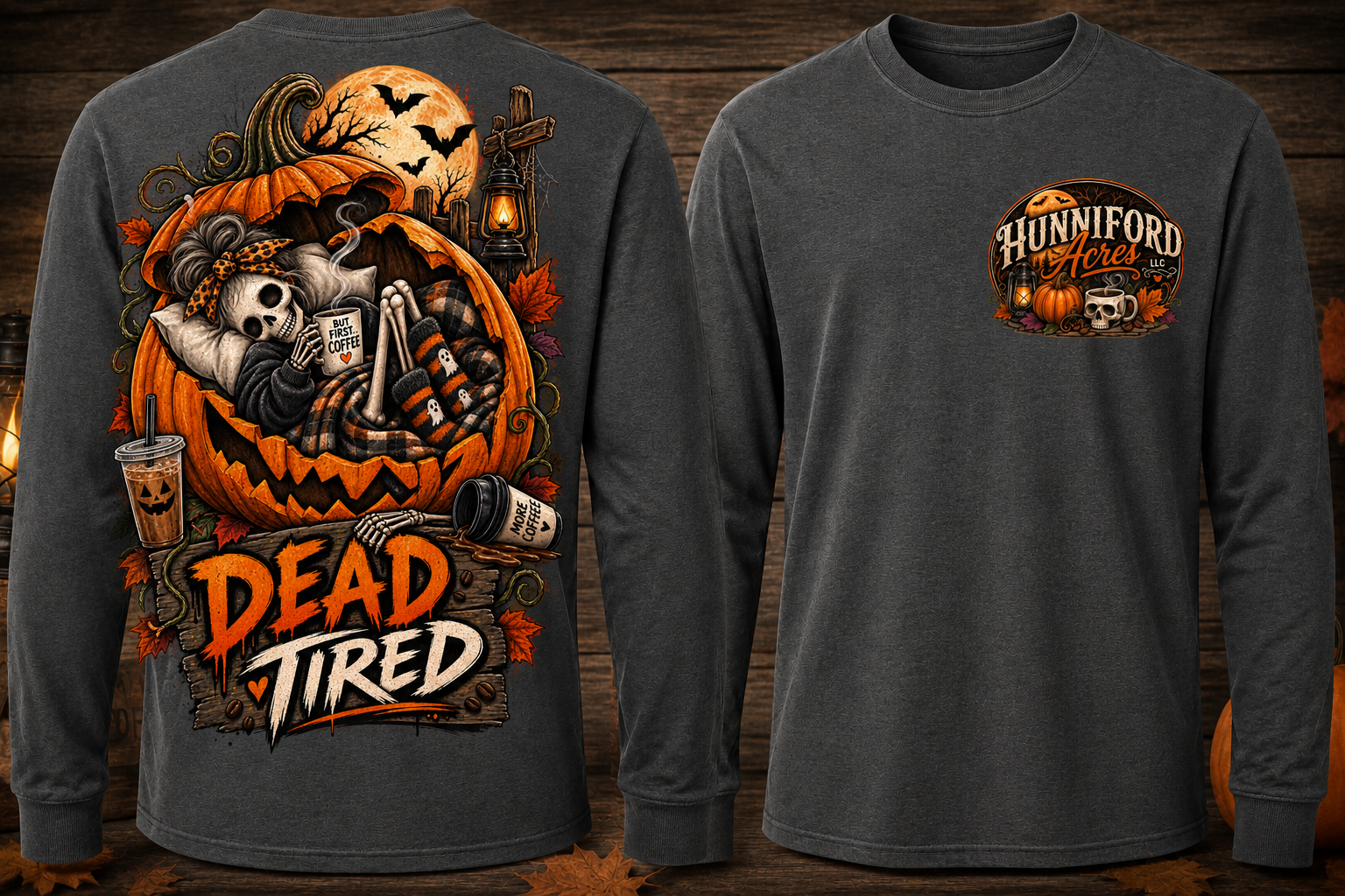 🍂 Haunted by Monday, dreaming of the weekend. This cozy long sleeve features a detailed fall camping scene with mountains, pumpkins, a vintage truck, campfire, and all the crisp-air vibes. Available in multiple colors and sizes with the Hunniford Acres logo on the front chest. Perfect for camping, bonfires, fall adventures, or anyone who’d rather be in the mountains. 🏕️🔥