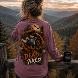 Dead Tired Halloween long sleeve shirt featuring a skeleton relaxing inside a pumpkin with coffee, autumn leaves, bats, lantern details, and Hunniford Acres logo on the front chest.