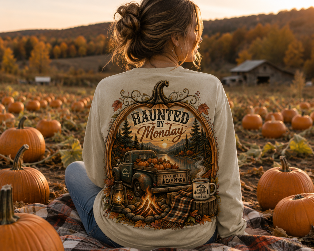 Women’s long sleeve fall camping shirt featuring a Haunted by Monday pumpkin design with vintage truck, mountains, campfire, autumn scenery, and Hunniford Acres logo.