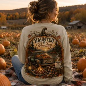 Women’s long sleeve fall camping shirt featuring a Haunted by Monday pumpkin design with vintage truck, mountains, campfire, autumn scenery, and Hunniford Acres logo.
